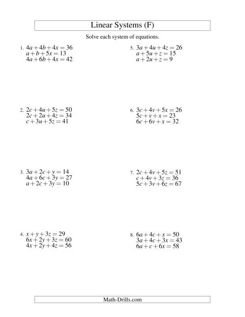 The Systems of Linear Equations -- Three Variables (F) Math Worksheet