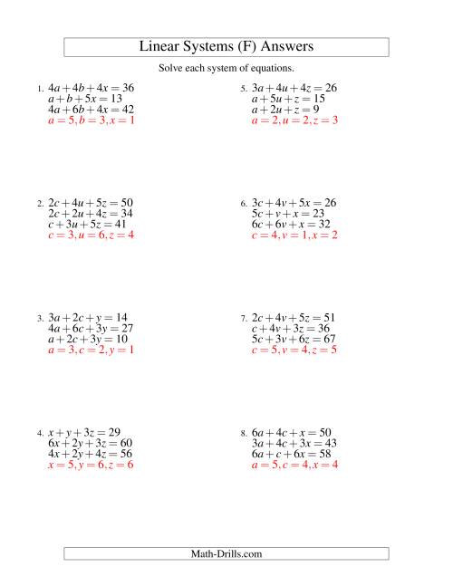 The Systems of Linear Equations -- Three Variables (F) Math Worksheet Page 2