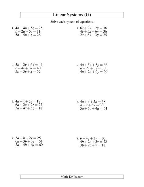 The Systems of Linear Equations -- Three Variables (G) Math Worksheet