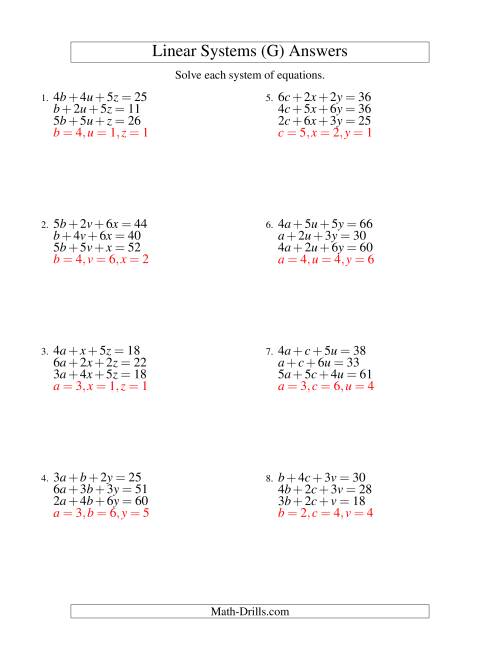 The Systems of Linear Equations -- Three Variables (G) Math Worksheet Page 2