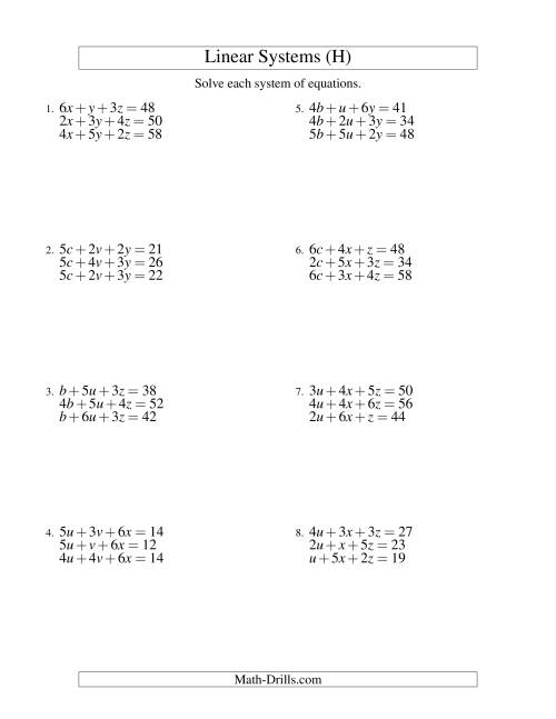 The Systems of Linear Equations -- Three Variables (H) Math Worksheet