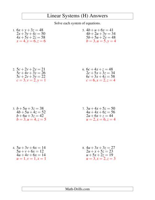 The Systems of Linear Equations -- Three Variables (H) Math Worksheet Page 2