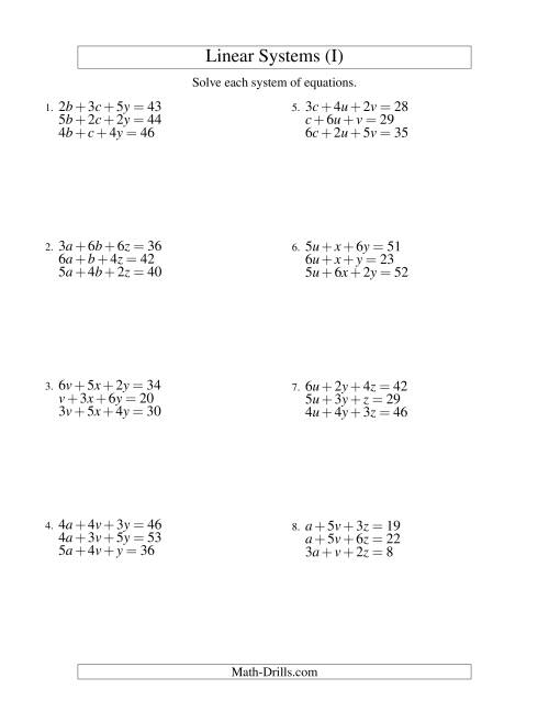 The Systems of Linear Equations -- Three Variables (I) Math Worksheet