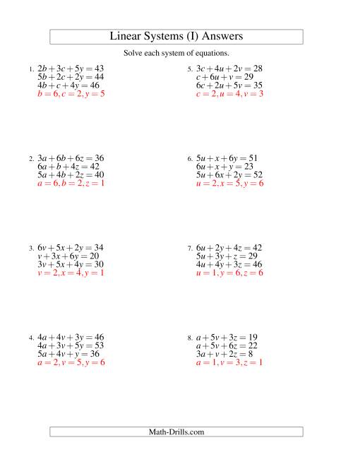 The Systems of Linear Equations -- Three Variables (I) Math Worksheet Page 2
