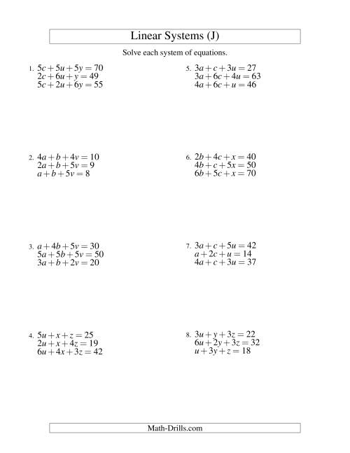The Systems of Linear Equations -- Three Variables (J) Math Worksheet