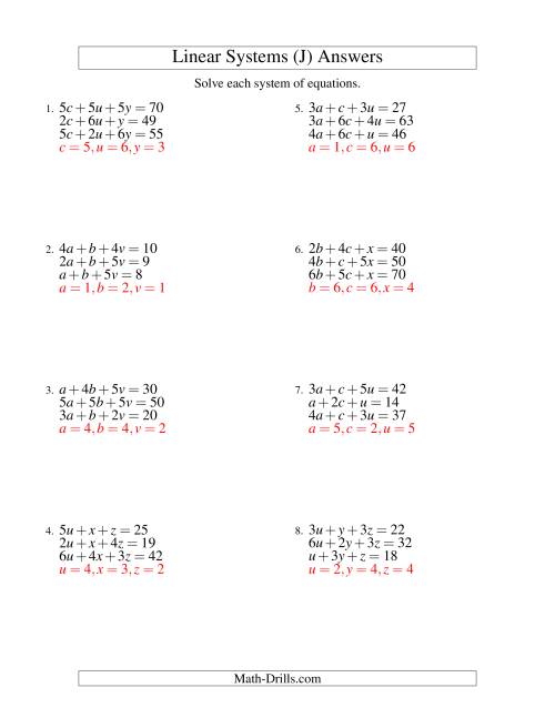 The Systems of Linear Equations -- Three Variables (J) Math Worksheet Page 2