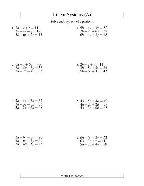 The Systems of Linear Equations -- Three Variables (All) Math Worksheet