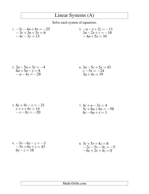 The Systems of Linear Equations -- Three Variables Including Negative Values (A) Math Worksheet