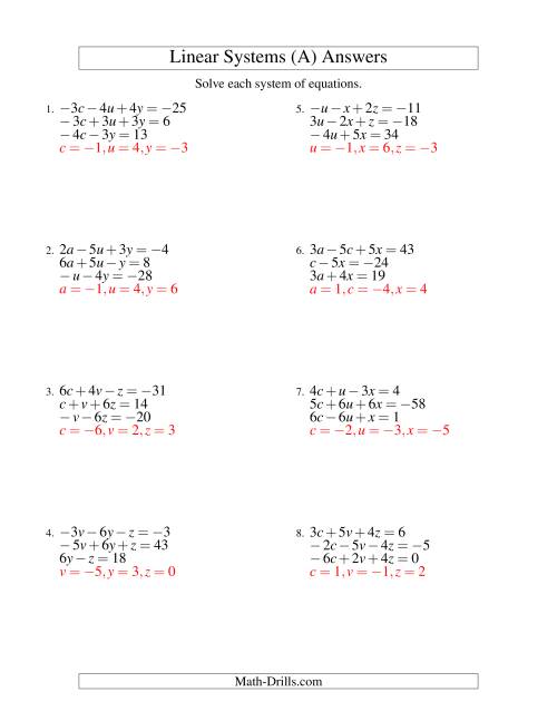 The Systems of Linear Equations -- Three Variables Including Negative Values (A) Math Worksheet Page 2