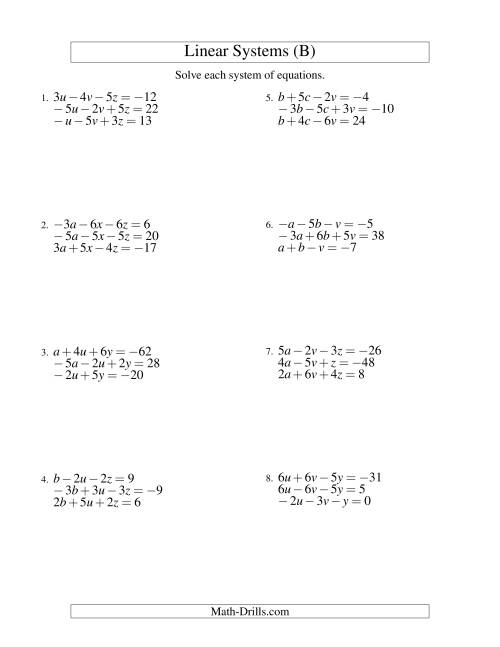 The Systems of Linear Equations -- Three Variables Including Negative Values (B) Math Worksheet