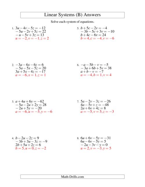 The Systems of Linear Equations -- Three Variables Including Negative Values (B) Math Worksheet Page 2