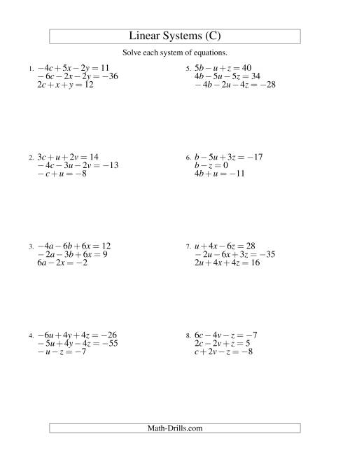 The Systems of Linear Equations -- Three Variables Including Negative Values (C) Math Worksheet