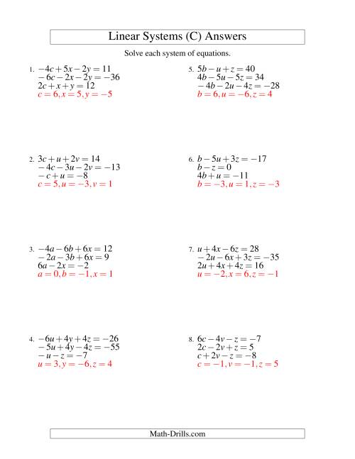 The Systems of Linear Equations -- Three Variables Including Negative Values (C) Math Worksheet Page 2