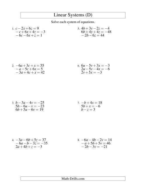 The Systems of Linear Equations -- Three Variables Including Negative Values (D) Math Worksheet