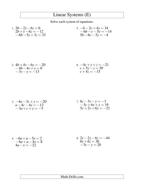 The Systems of Linear Equations -- Three Variables Including Negative Values (E) Math Worksheet