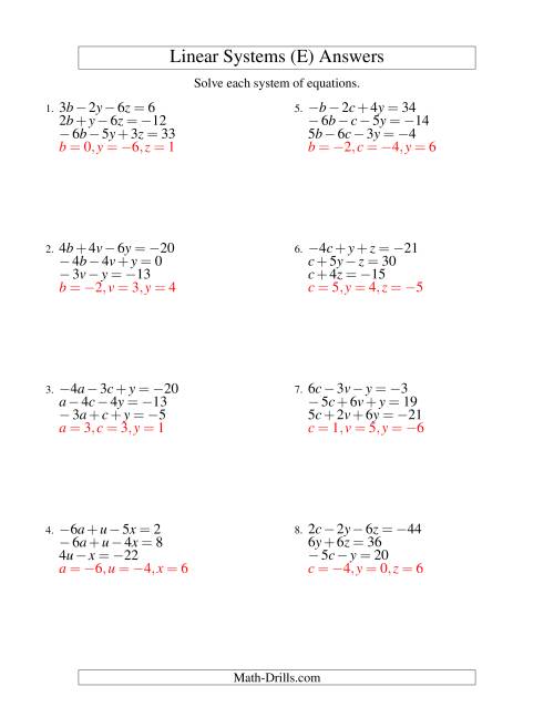 The Systems of Linear Equations -- Three Variables Including Negative Values (E) Math Worksheet Page 2