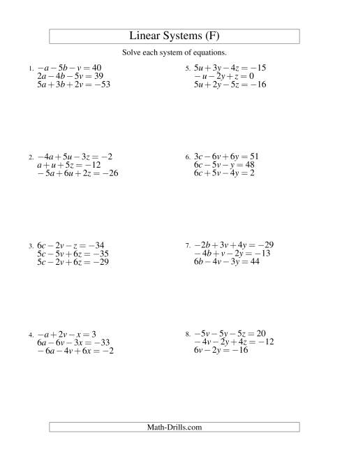 The Systems of Linear Equations -- Three Variables Including Negative Values (F) Math Worksheet