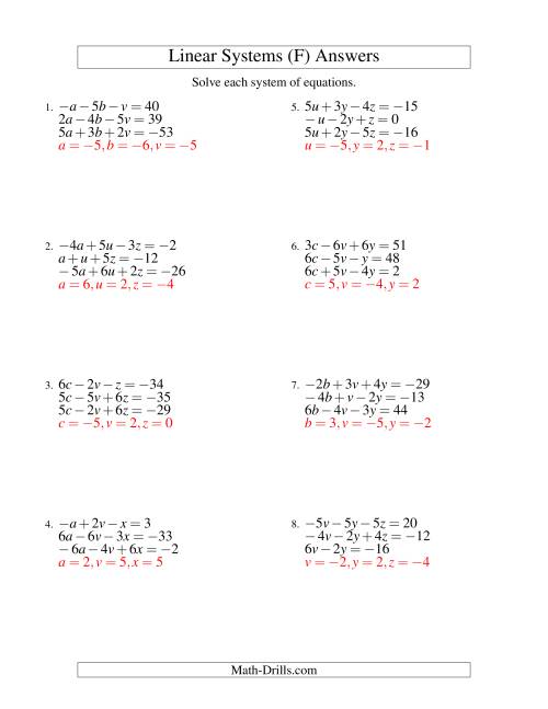 The Systems of Linear Equations -- Three Variables Including Negative Values (F) Math Worksheet Page 2