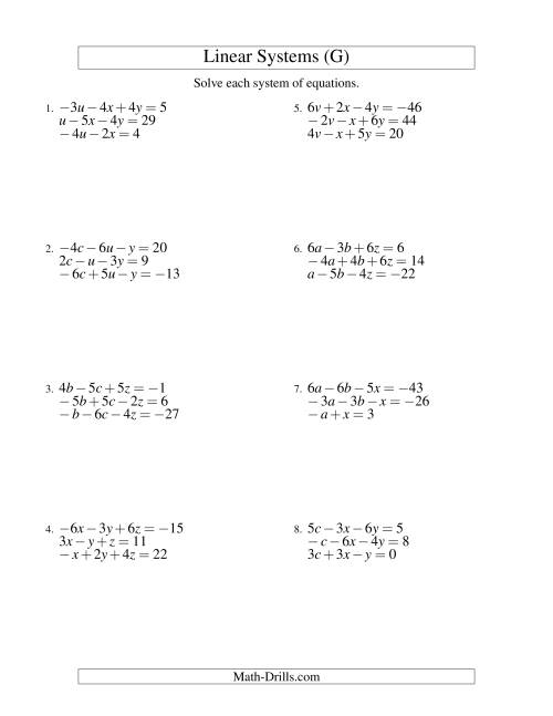 The Systems of Linear Equations -- Three Variables Including Negative Values (G) Math Worksheet