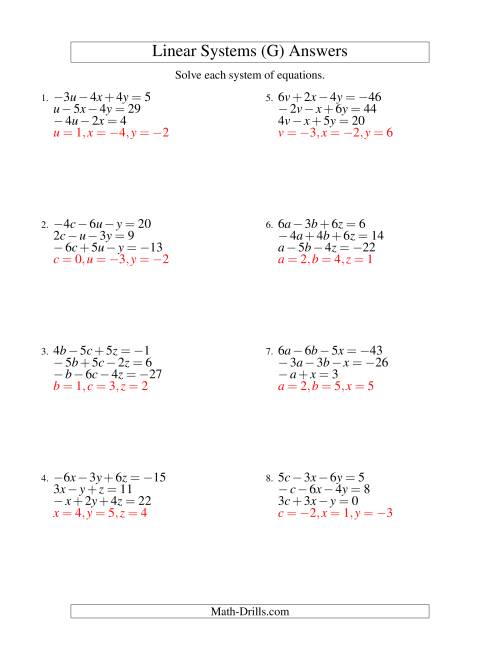 The Systems of Linear Equations -- Three Variables Including Negative Values (G) Math Worksheet Page 2