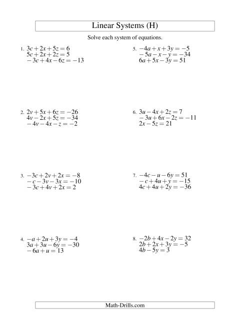 The Systems of Linear Equations -- Three Variables Including Negative Values (H) Math Worksheet