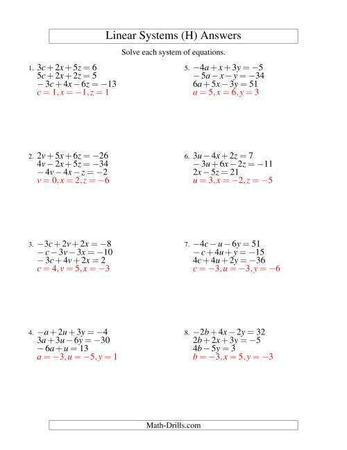 The Systems of Linear Equations -- Three Variables Including Negative Values (H) Math Worksheet Page 2