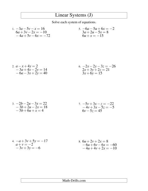 The Systems of Linear Equations -- Three Variables Including Negative Values (J) Math Worksheet