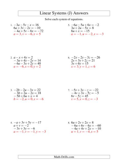 The Systems of Linear Equations -- Three Variables Including Negative Values (J) Math Worksheet Page 2