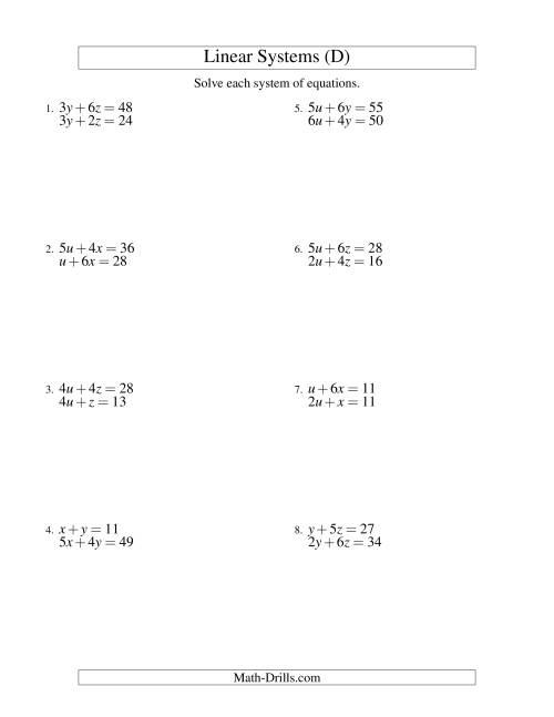 The Systems of Linear Equations -- Two Variables (D) Math Worksheet