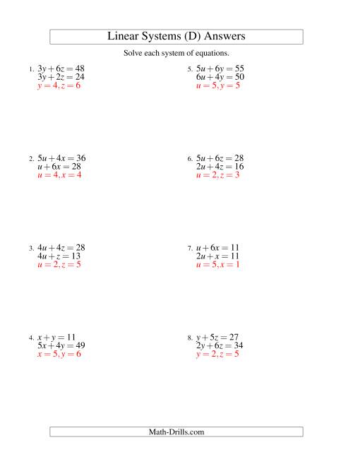 The Systems of Linear Equations -- Two Variables (D) Math Worksheet Page 2