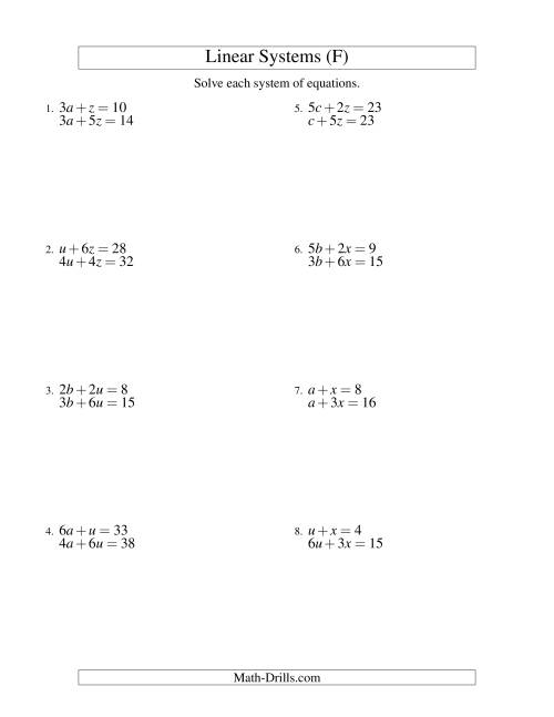 The Systems of Linear Equations -- Two Variables (F) Math Worksheet
