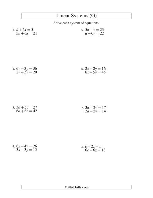 The Systems of Linear Equations -- Two Variables (G) Math Worksheet