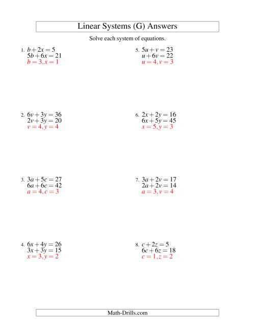The Systems of Linear Equations -- Two Variables (G) Math Worksheet Page 2