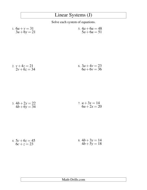 The Systems of Linear Equations -- Two Variables (J) Math Worksheet