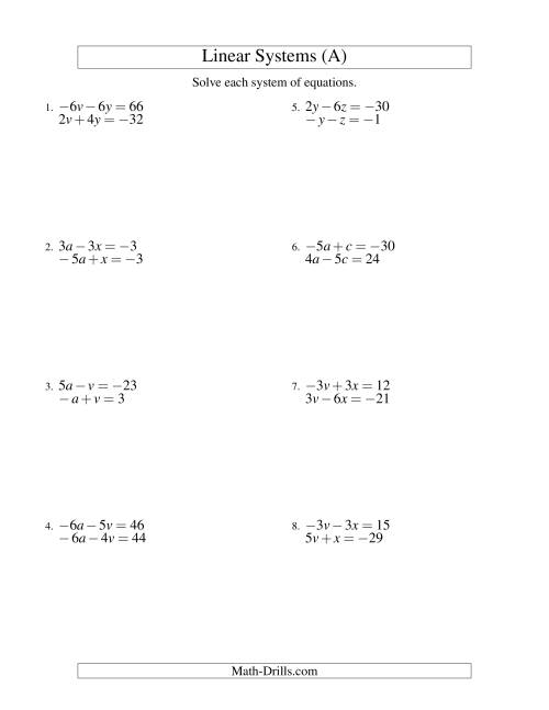 The Systems of Linear Equations -- Two Variables Including Negative Values (A) Math Worksheet