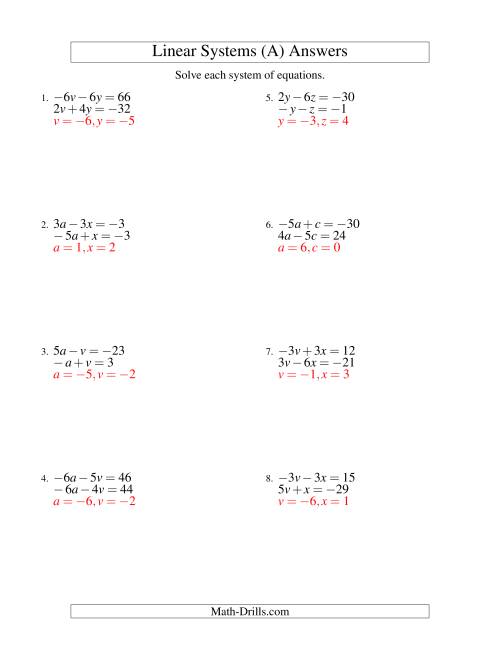 The Systems of Linear Equations -- Two Variables Including Negative Values (A) Math Worksheet Page 2