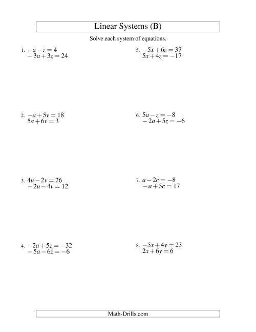 The Systems of Linear Equations -- Two Variables Including Negative Values (B) Math Worksheet