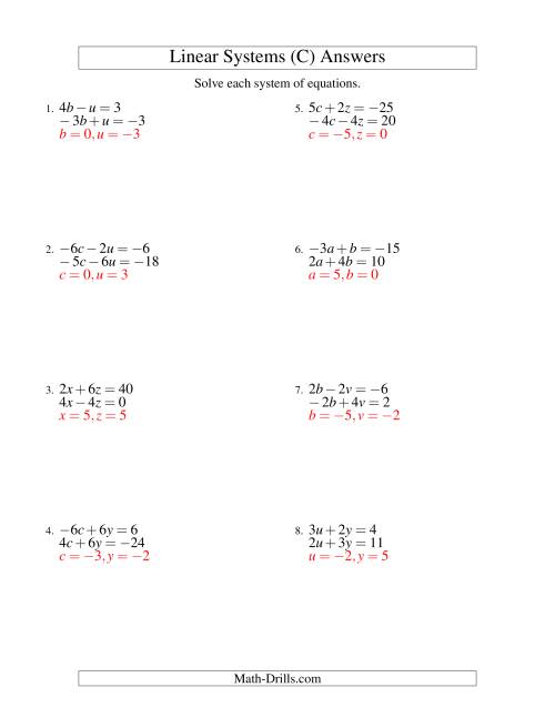 The Systems of Linear Equations -- Two Variables Including Negative Values (C) Math Worksheet Page 2
