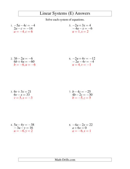 The Systems of Linear Equations -- Two Variables Including Negative Values (E) Math Worksheet Page 2