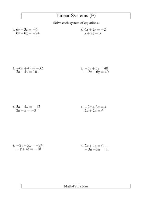The Systems of Linear Equations -- Two Variables Including Negative Values (F) Math Worksheet