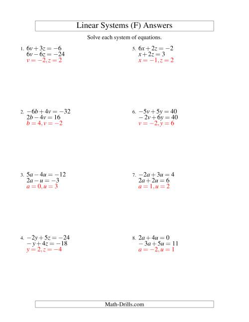 The Systems of Linear Equations -- Two Variables Including Negative Values (F) Math Worksheet Page 2