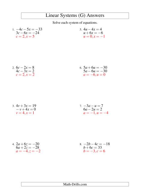The Systems of Linear Equations -- Two Variables Including Negative Values (G) Math Worksheet Page 2
