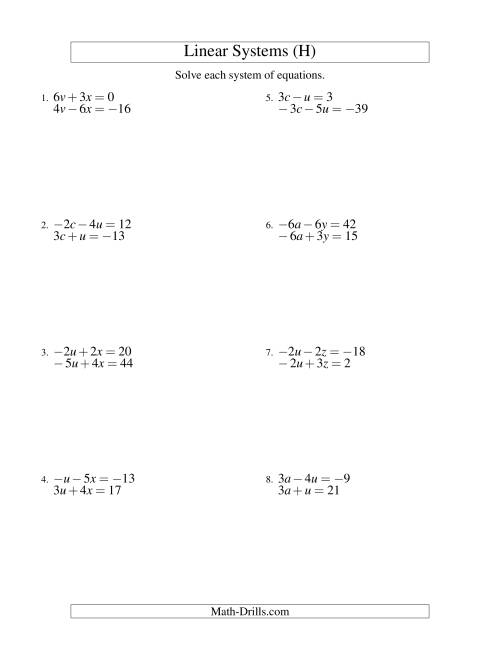 The Systems of Linear Equations -- Two Variables Including Negative Values (H) Math Worksheet