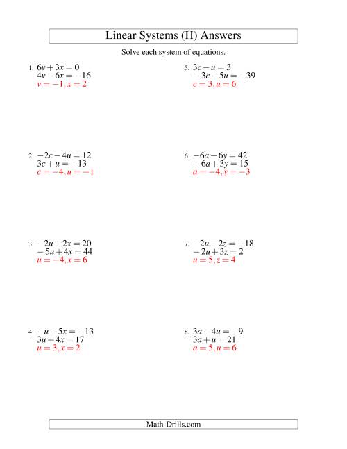 The Systems of Linear Equations -- Two Variables Including Negative Values (H) Math Worksheet Page 2