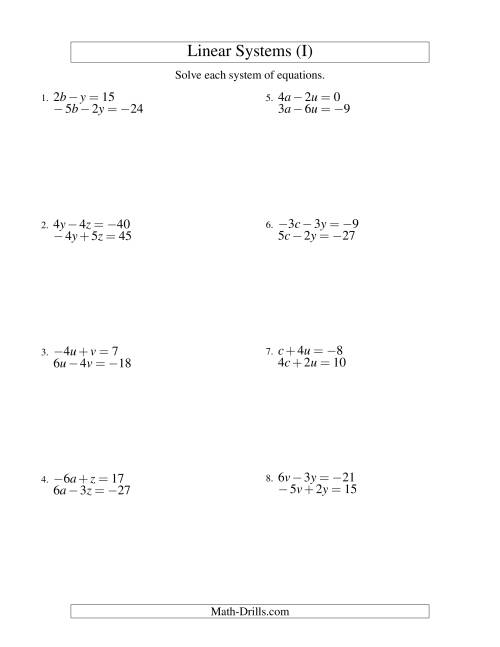 The Systems of Linear Equations -- Two Variables Including Negative Values (I) Math Worksheet