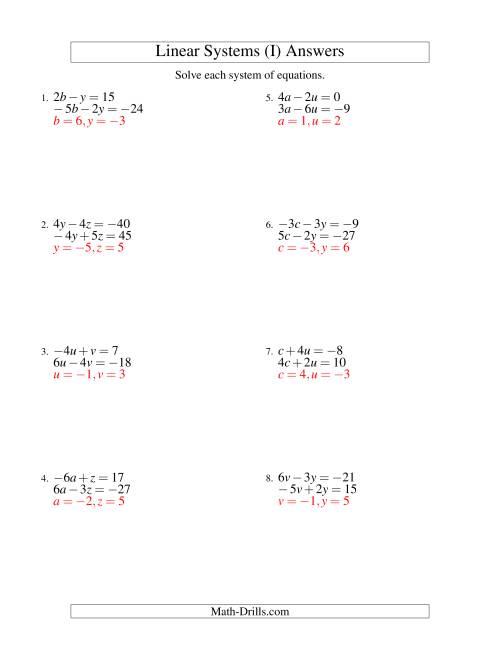 The Systems of Linear Equations -- Two Variables Including Negative Values (I) Math Worksheet Page 2