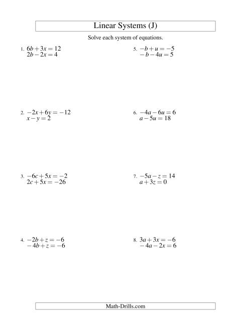 The Systems of Linear Equations -- Two Variables Including Negative Values (J) Math Worksheet