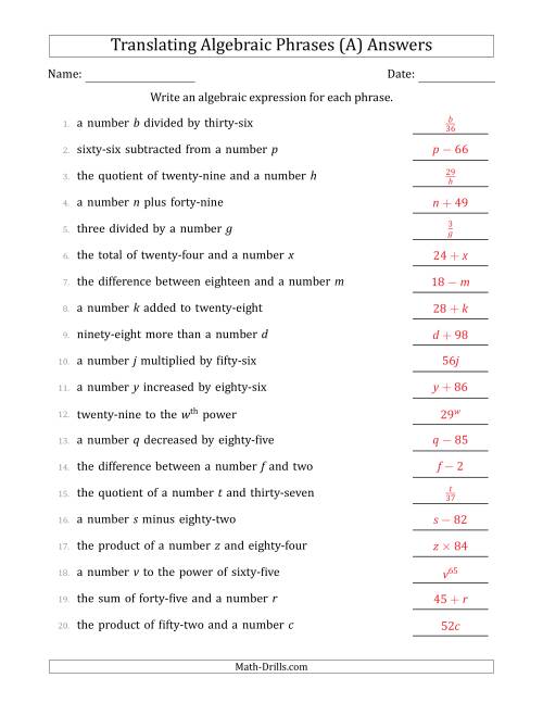 Translating Algebraic Phrases Simple Version A 