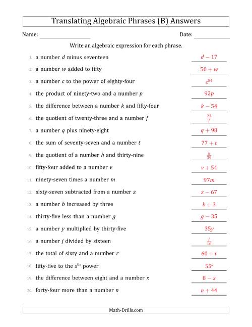 The Translating Algebraic Phrases (Simple Version) (B) Math Worksheet Page 2