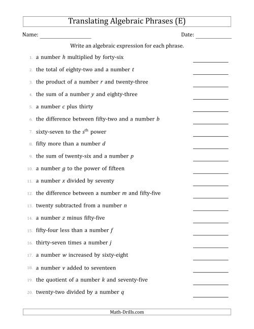 The Translating Algebraic Phrases (Simple Version) (E) Math Worksheet